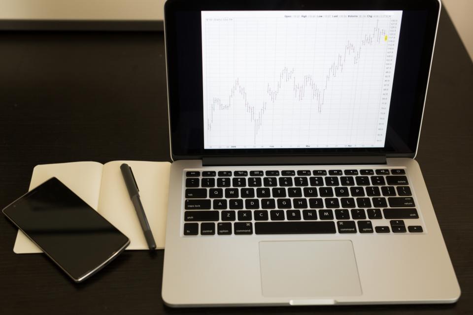 A laptop on a desk showing charts